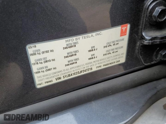 2018 Tesla Model S 75D with VIN 5YJSA1E23JF247215, listed as a Copart auction lot 52550135 with 118,216 mi miles and Salvage Title. Bid and sale history available at DreamBid. Image 12.