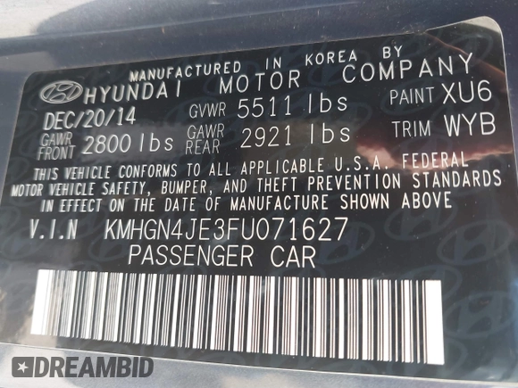 2015 Hyundai Genesis 3.8L with VIN KMHGN4JE3FU071627, listed as a IAAI auction lot 41649037 with 127,193 mi miles and . Bid and sale history available at DreamBid. Image 9.