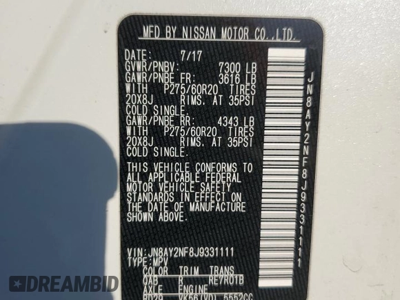 2018 Nissan Armada Platinum with VIN JN8AY2NF8J9331111, listed as a Copart auction lot 47265315 with 121,008 mi miles and Salvage Title. Bid and sale history available at carsss.com. Image 16.