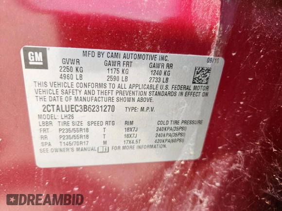 2011 GMC Terrain SLT-1 with VIN 2CTALUEC3B6231270, listed as a Copart auction lot 63195115 with 126,555 mi miles and Clean title. Bid and sale history available at DreamBid. Image 12.