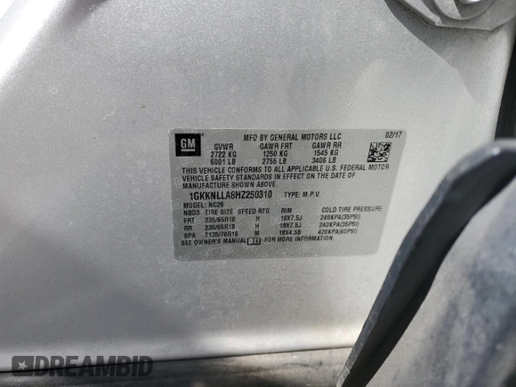 2017 GMC Acadia SLE with VIN 1GKKNLLA8HZ250310, listed as a Copart auction lot 48287135 with 126,504 mi miles and Salvage Title. Bid and sale history available at carsss.com. Image 14.