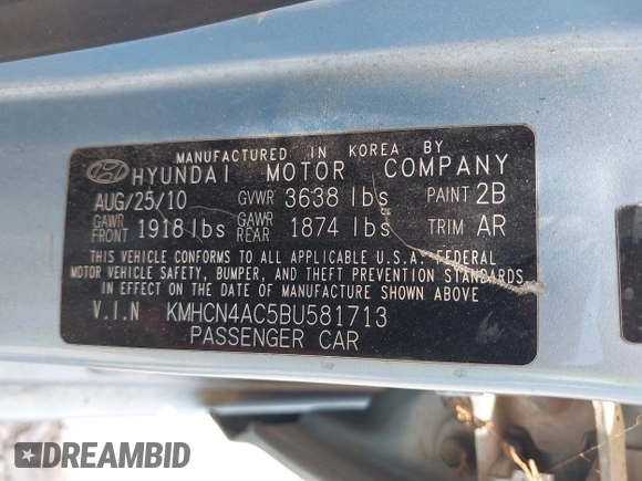 2011 Hyundai Accent GLS with VIN KMHCN4AC5BU581713, listed as a IAAI auction lot 42188420 with 170,380 mi miles and . Bid and sale history available at DreamBid. Image 9.