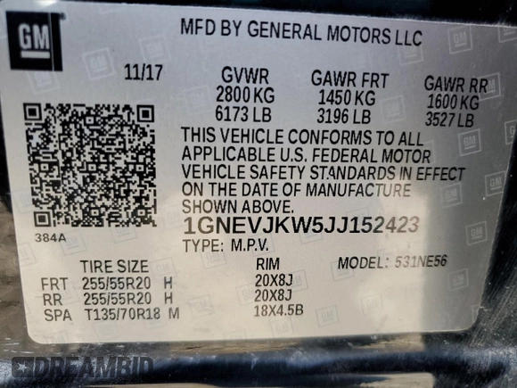 2018 Chevrolet Traverse Premier with VIN 1GNEVJKW5JJ152423, listed as a Copart auction lot 51202685 with 124,673 mi miles and Salvage Title. Bid and sale history available at DreamBid. Image 13.