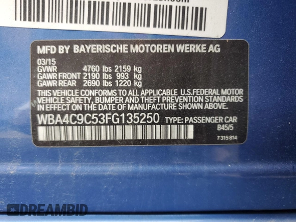 2015 BMW 4 Series 428i xDrive with VIN WBA4C9C53FG135250, listed as a Copart auction lot 56760725 with 52,564 mi miles and Clean title. Bid and sale history available at DreamBid. Image 12.