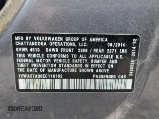 2014 Volkswagen Passat Wolfsburg Edition with VIN 1VWAS7A36EC116192, listed as a Copart auction lot 57643045 with 89,026 mi miles and Salvage title. Bid and sale history available at DreamBid. Image 12.