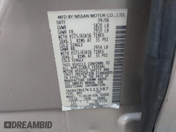2007 Nissan Quest S with VIN 5N1BV28U17N115387, listed as a IAAI auction lot 41686151 with 234,411 mi miles. Bid and sale history available at carsss.com. Image 9.