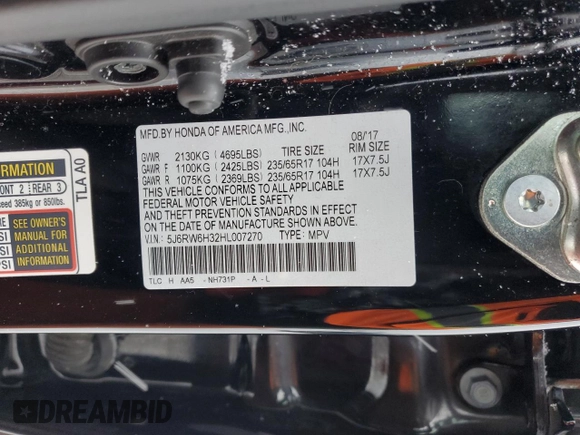 2017 Honda CR-V LX with VIN 5J6RW6H32HL007270, listed as a Copart auction lot 45537275 with 156,617 mi miles and Salvage Title. Bid and sale history available at DreamBid. Image 14.