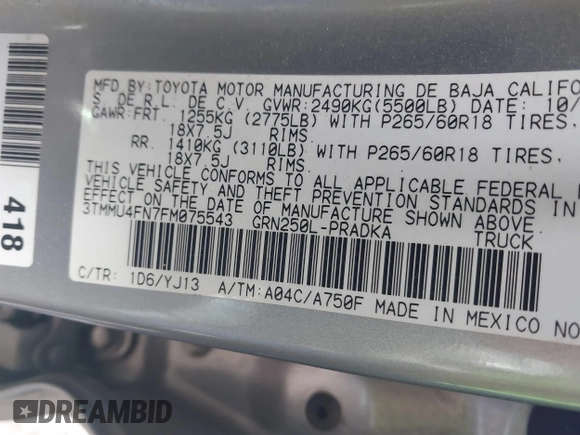 2015 Toyota Tacoma with VIN 3TMMU4FN7FM075543, listed as a IAAI auction lot 41761520 with 107,230 mi miles and . Bid and sale history available at DreamBid. Image 9.