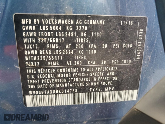 2017 Volkswagen Tiguan Wolfsburg Edition with VIN WVGSV7AX8HK014738, listed as a Copart auction lot 62255775 with 123,768 mi miles and Salvage title. Bid and sale history available at DreamBid. Image 13.