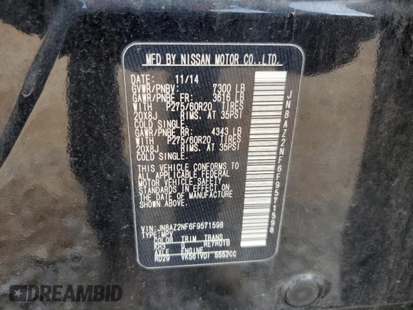 2015 Infiniti QX80 with VIN JN8AZ2NF6F9571598, listed as a Copart auction lot 54220085 with 207,891 mi miles and Clean Title. Bid and sale history available at DreamBid. Image 14.