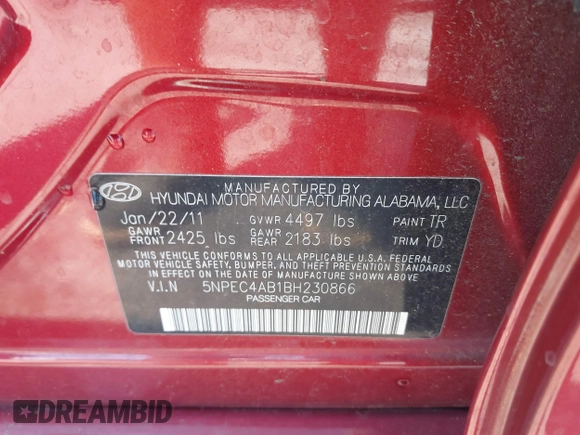 2011 Hyundai Sonata Limited with VIN 5NPEC4AB1BH230866, listed as a IAAI auction lot 41990287 with 134,666 mi miles and . Bid and sale history available at carsss.com. Image 9.
