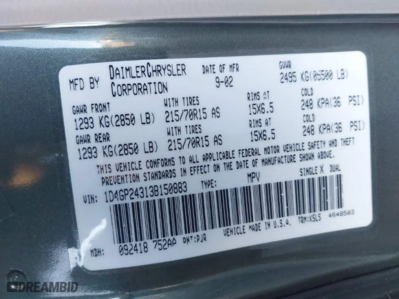 2003 Dodge Caravan SE with VIN 1D4GP24313B150883, listed as a IAAI auction lot 41760786 with 165,718 mi miles. Bid and sale history available at carsss.com. Image 9.