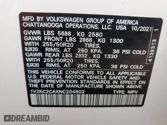 2022 Volkswagen Atlas SE with VIN 1V2KC2CAXNC204602, listed as a Copart auction lot 47306435 with 52,641 mi miles and Salvage title. Bid and sale history available at DreamBid. Image 14.