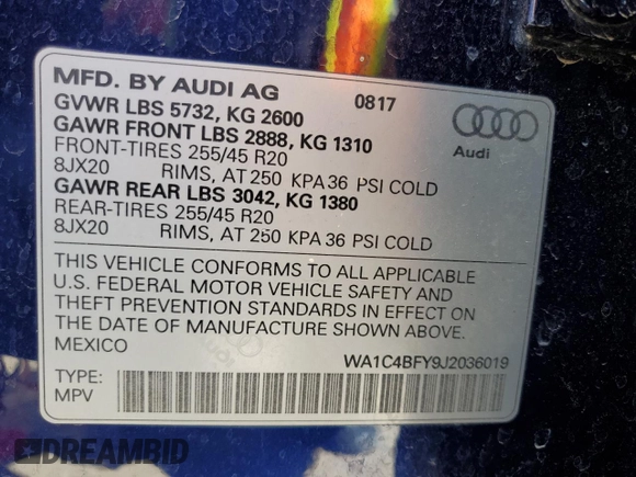 2018 Audi SQ5 with VIN WA1C4BFY9J2036019, listed as a Copart auction lot 71321774 with 70,364 mi miles and Salvage Title. Bid and sale history available at DreamBid. Image 14.