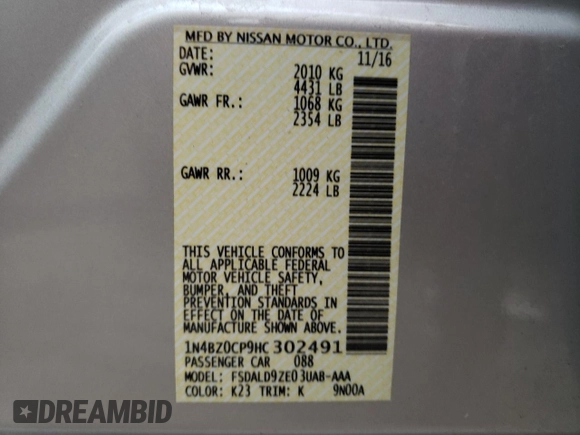 2017 Nissan LEAF SL with VIN 1N4BZ0CP9HC302491, listed as a Copart auction lot 38160433 with 42,910 mi miles. Bid and sale history available at carsss.com. Image 12.