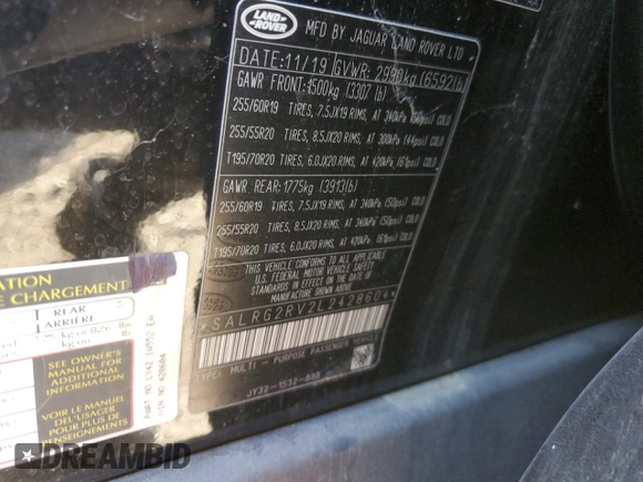 2020 Land Rover Discovery SE with VIN SALRG2RV2L2428604, listed as a Copart auction lot 84423674 with Not Provided miles and Salvage Title. Bid and sale history available at DreamBid. Image 13.