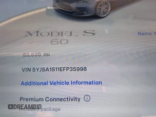 2014 Tesla Model S 60 with VIN 5YJSA1S11EFP35998, listed as a IAAI auction lot 42316563 with 83,835 mi miles and . Bid and sale history available at DreamBid. Image 16.