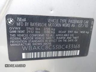 2011 BMW 7 Series 750Li xDrive z VIN WBAKC8C53BC433168, wystawiony jako IAAI lot #42189726 z przebiegiem 177 368 mil mil oraz . Historia ofert i sprzedaży dostępna na DreamBid. Obrazek 9.