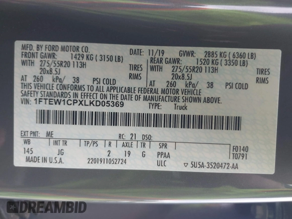 2020 Ford F-150 XL with VIN 1FTEW1CPXLKD05369, listed as a IAAI auction lot 42082934 with 64,954 mi miles and . Bid and sale history available at DreamBid. Image 9.