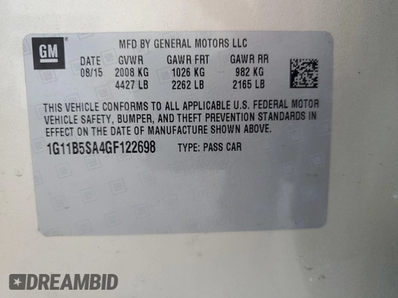 2016 Chevrolet Malibu Limited LS with VIN 1G11B5SA4GF122698, listed as a Copart auction lot 54274125 with 125,630 mi miles and Clean Title. Bid and sale history available at carsss.com. Image 12.