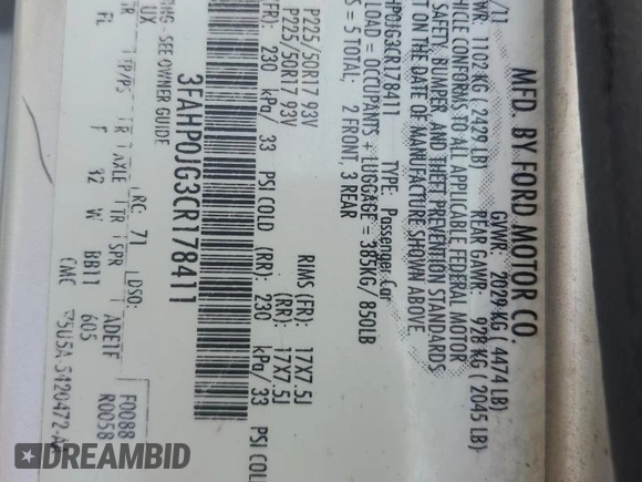 2012 Ford Fusion SEL z VIN 3FAHP0JG3CR178411, wystawiony jako Copart lot #59526405 z przebiegiem 208 550 mil mil oraz Szkoda całkowita • Salvage title. Historia ofert i sprzedaży dostępna na DreamBid. Obrazek 12.