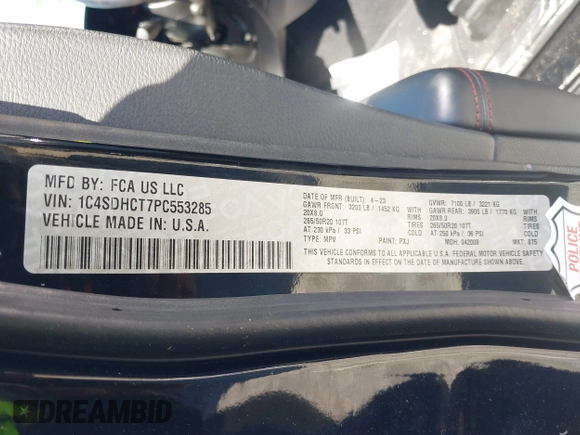 2023 Dodge Durango R/T Plus z VIN 1C4SDHCT7PC553285, wystawiony jako IAAI lot #41875441 z przebiegiem 25 419 mil mil oraz . Historia ofert i sprzedaży dostępna na DreamBid. Obrazek 9.