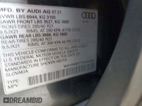 2022 Audi SQ7 Premium Plus z VIN WA1AWBF77ND000641, wystawiony jako Copart lot #78383883 z przebiegiem 54 759 mil mil oraz . Historia ofert i sprzedaży dostępna na DreamBid. Obrazek 13.