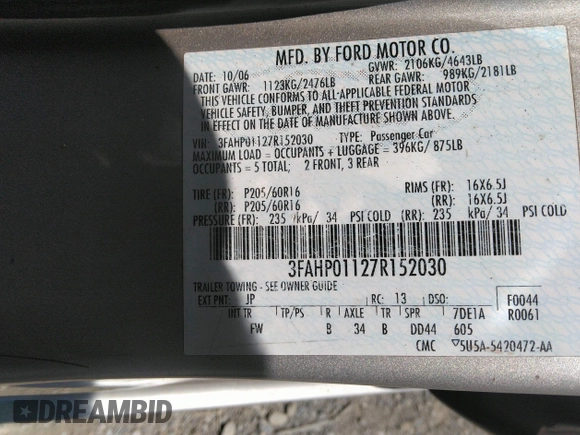 2007 Ford Fusion SE with VIN 3FAHP01127R152030, listed as a IAAI auction lot 33457957 with 197,513 mi miles. Bid and sale history available at carsss.com. Image 9.