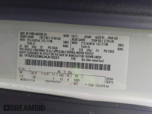 2018 Ford Transit Passenger XL with VIN 1FBZX2ZM0JKA10221, listed as a IAAI auction lot 41988879 with 54,340 mi miles and . Bid and sale history available at DreamBid. Image 9.