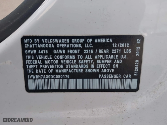 2013 Volkswagen Passat SE w/Sunroof with VIN 1VWBH7A30DC080176, listed as a IAAI auction lot 40941070 with 155,815 mi miles. Bid and sale history available at carsss.com. Image 9.