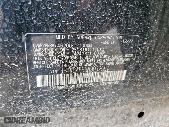 2022 Subaru WRX Premium z VIN JF1VBAF65N9032551, wystawiony jako Copart lot #58152805 z przebiegiem 16 153 mil mil oraz Szkoda całkowita • Salvage title. Historia ofert i sprzedaży dostępna na DreamBid. Obrazek 13.