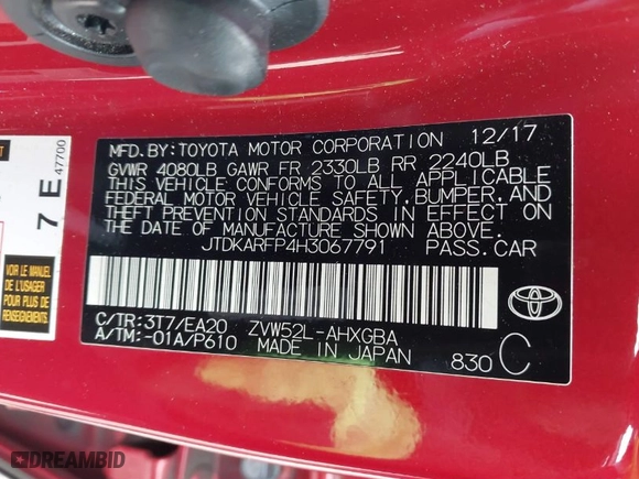 2017 Toyota Prius Prime Plus with VIN JTDKARFP4H3067791, listed as a IAAI auction lot 41872923 with 106,865 mi miles. Bid and sale history available at carsss.com. Image 9.