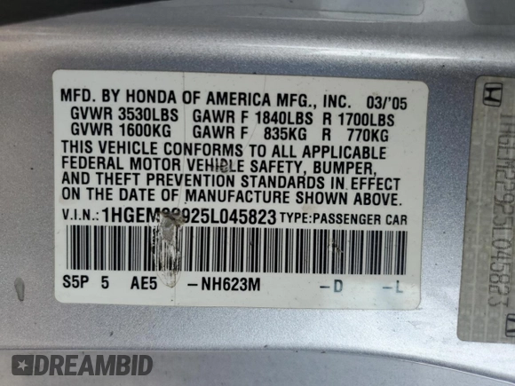 2005 Honda Civic EX with VIN 1HGEM22925L045823, listed as a Copart auction lot 55984995 with 245,821 mi miles and Salvage Title. Bid and sale history available at DreamBid. Image 12.