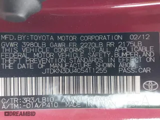 2012 Toyota Prius One with VIN JTDKN3DU4C5411255, listed as a IAAI auction lot 41544026 with 254,304 mi miles. Bid and sale history available at carsss.com. Image 9.