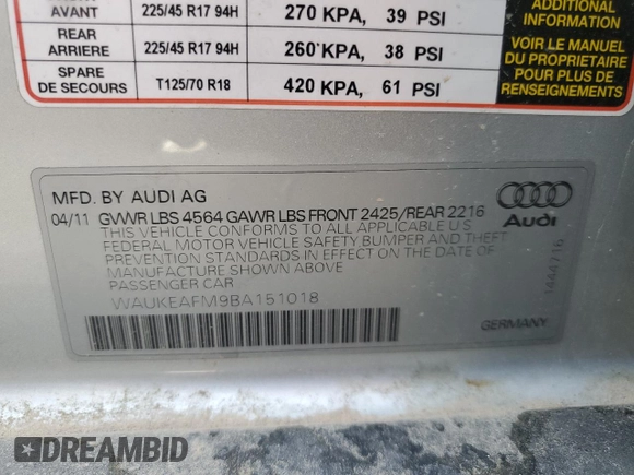 2011 Audi A3 Premium Plus с VIN WAUKEAFM9BA151018, выставлен на аукционе Copart как лот 51302095 с пробегом 104 228 миль миль и Чистый • Clean title. История ставок и продаж доступна на DreamBid. Изображение 13.