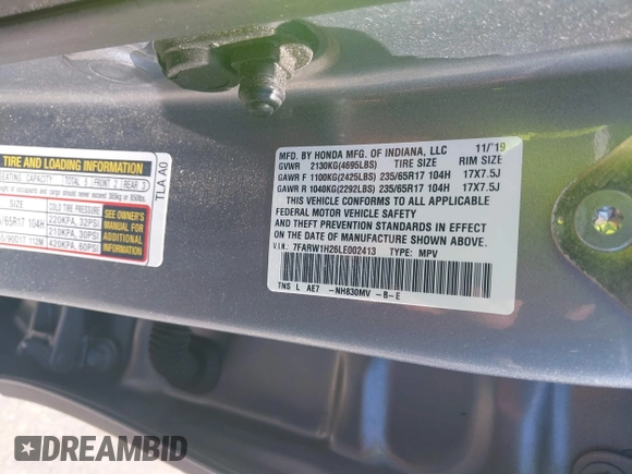 2020 Honda CR-V LX with VIN 7FARW1H26LE002413, listed as a IAAI auction lot 42318905 with 63,698 mi miles and . Bid and sale history available at DreamBid. Image 9.