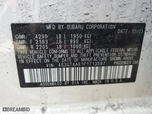 2023 Subaru Impreza with VIN 4S3GTAA61P1713587, listed as a Copart auction lot 85115344 with 15,337 mi miles and Salvage Title. Bid and sale history available at carsss.com. Image 12.