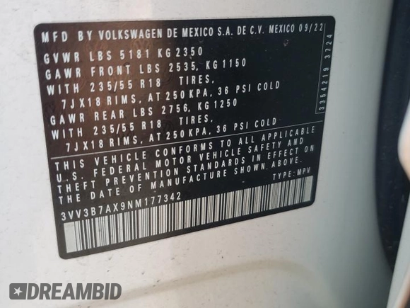 2022 Volkswagen Tiguan SE z VIN 3VV3B7AX9NM177342, wystawiony jako Copart lot #62264715 z przebiegiem 35 413 mil mil oraz Szkoda całkowita • Salvage title. Historia ofert i sprzedaży dostępna na DreamBid. Obrazek 13.