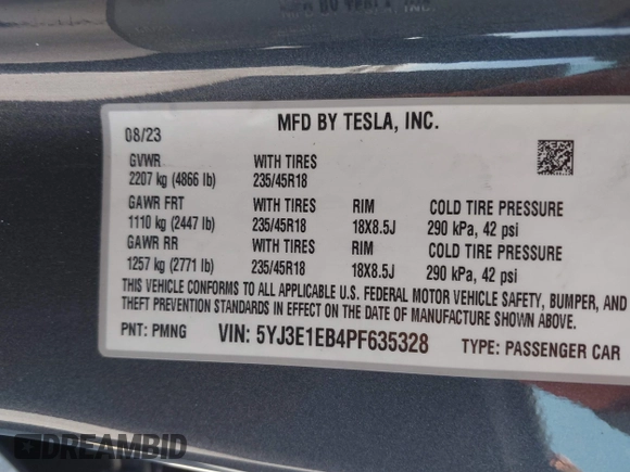 2023 Tesla Model 3 Long Range with VIN 5YJ3E1EB4PF635328, listed as a IAAI auction lot 41978099 with 32,747 mi miles and . Bid and sale history available at DreamBid. Image 9.