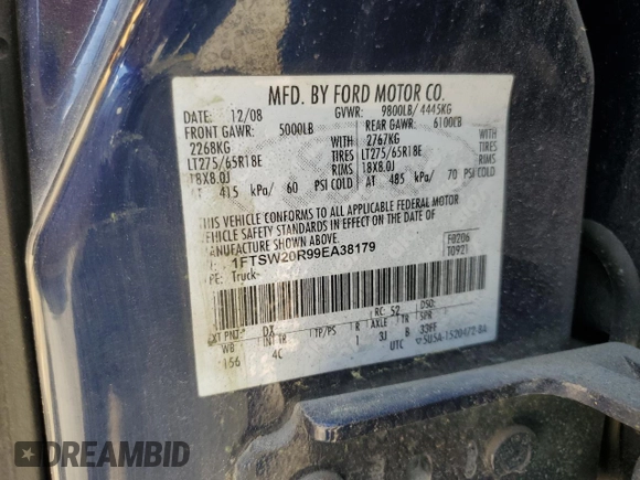 2009 Ford F-250 XL with VIN 1FTSW20R99EA38179, listed as a Copart auction lot 53021595 with 98,231 mi miles and Salvage title. Bid and sale history available at DreamBid. Image 13.