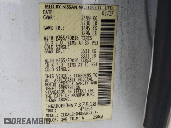 2017 Nissan Frontier SV with VIN 1N6AD0ER3HN737818, listed as a Copart auction lot 64661155 with 94,169 mi miles and Clean title. Bid and sale history available at DreamBid. Image 12.