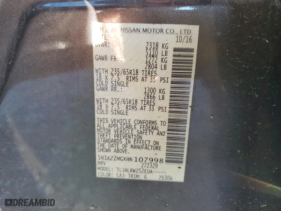 2017 Nissan Murano SL with VIN 5N1AZ2MGXHN107998, listed as a Copart auction lot 81230784 with 75,523 mi miles and Salvage Title. Bid and sale history available at carsss.com. Image 14.