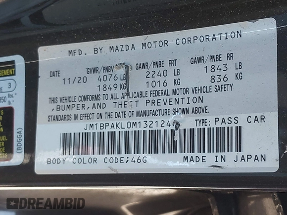 2021 Mazda 3 Select z VIN JM1BPAKL0M1321246, wystawiony jako IAAI lot #42031709 z przebiegiem 87 700 mil mil oraz . Historia ofert i sprzedaży dostępna na DreamBid. Obrazek 9.