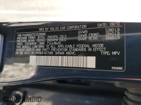 2014 Volvo XC60 R-Design Premier Plus with VIN YV4902DZ7E2528980, listed as a Copart auction lot 82535484 with 137,669 mi miles and Non Repairable. Bid and sale history available at DreamBid. Image 13.