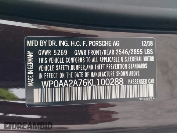 2019 Porsche Panamera with VIN WP0AA2A76KL100288, listed as a IAAI auction lot 41741039 with 76,834 mi miles and . Bid and sale history available at DreamBid. Image 9.