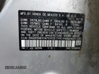 2015 Honda Fit EX-L with VIN 3HGGK5H81FM753415, listed as a Copart auction lot 58566245 with Not provided miles and Salvage title. Bid and sale history available at DreamBid. Image 12.