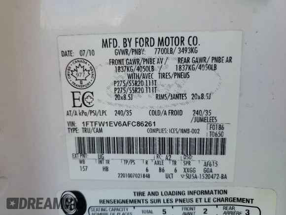 2010 Ford F-150 XL with VIN 1FTFW1EV6AFC86261, listed as a Copart auction lot 48717855 with 286,655 mi miles and Salvage Title. Bid and sale history available at carsss.com. Image 12.