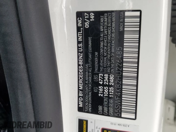 2017 Mercedes-Benz C 300 with VIN 55SWF4KB2HU226485, listed as a Copart auction lot 55952755 with 62,589 mi miles and Salvage title. Bid and sale history available at DreamBid. Image 12.