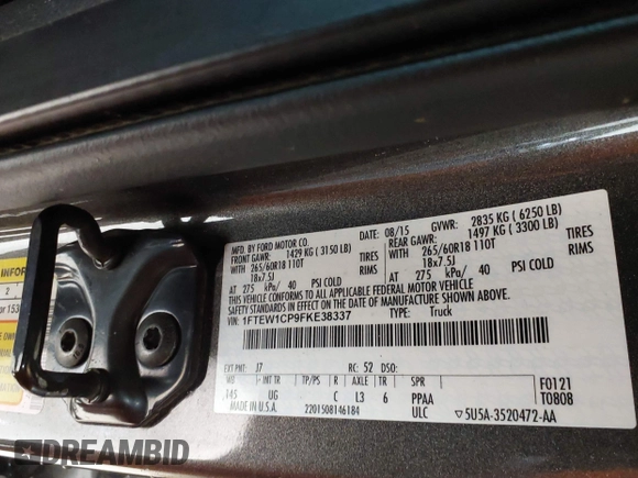 2015 Ford F-150 XL with VIN 1FTEW1CP9FKE38337, listed as a IAAI auction lot 42197333 with 308,578 mi miles and . Bid and sale history available at DreamBid. Image 9.