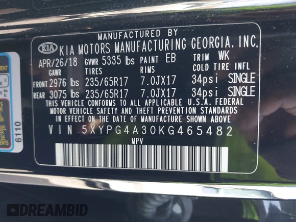 2019 Kia Sorento L with VIN 5XYPG4A30KG465482, listed as a IAAI auction lot 41811451 with 75,439 mi miles. Bid and sale history available at carsss.com. Image 9.
